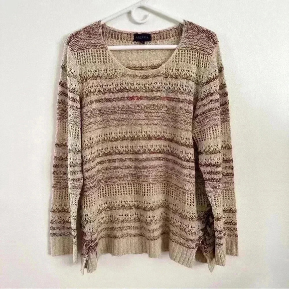 artesia Sweaters - Artesia Sweater Open Knit Purple Beige Side Detail Women’s Sz XL Comfy